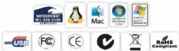 WATERPROOF MIL STD STOE COMPLIANT Mac Microsoft Windows Vista® Disagart to Compliant Windows® SP USB FC CE RoHS Compliant