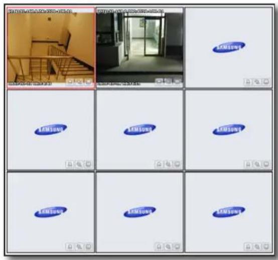 Grid of Samsung brand logos displayed in a 3x4 grid, each containing a photo of a building interior with visible signage.
