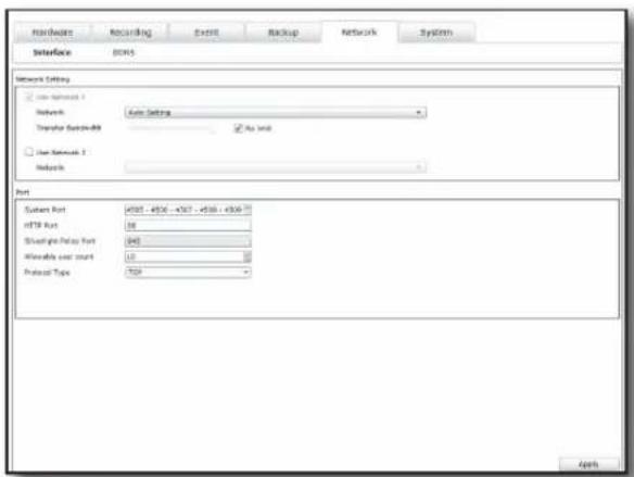 Networks Recording Exit Backup Network System Interface BOMS Network Setting □ User Network 1 Network Auto Setting Transfer Settings □ No link □ User Network 2 Network Port System Port 4507 - 4506 - 4507 - 4508 - 4509 HTB Port 34 Straight Pulse Port 340 Remote user start 33 Preload Type 700 Apply