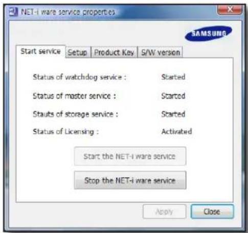 NET-i ware service properties SAMSUNG Start service Setup Product Key S/W version Status of watchdog service : Started Status of master service : Started Stauts of storage service : Started Status of Licensing : Activated Start the NET-i ware service Stop the NET-i ware service Apply Close
