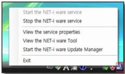 Start the NET-i ware service Stop the NET-i ware service View the service properties View the NET-i ware Tool Start the NET-i ware Update Manager Exit