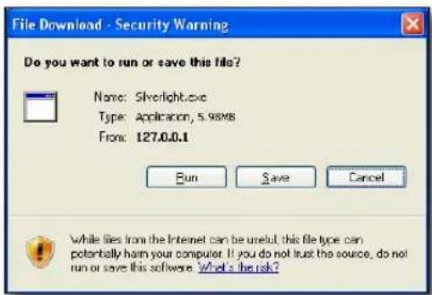 File Download - Security Warning Do you want to run or save this file? Name: Silverlight.exe Type: Application, 5.98MB From: 127.0.0.1 Run Save Cancel While files from the Internet can be useful, this file type can potentially harm your computer. If you do not trust the source, do not run or save this software. What's the risk?