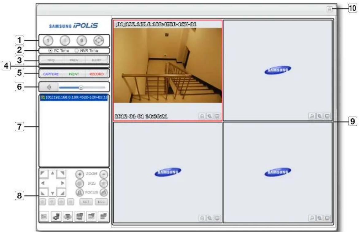 SAMSUNG iPOLiS 1 2 3 4 5 6 7 8 [01]192.166.0.180:4520-1CH-01 PC Time NVR Time SEQ PREV NEXT CAPTURE PRINT RECORD [01]192.166.0.180:4520-1CH-01(1) 2012-01-01 14:30:21 SAMSUNG SAMSUNG SAMSUNG
