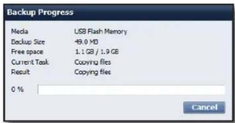 Backup Progress Media USB Flash Memory Backup Size 49.0 MB Free space 1.1 GB / 1.9 GB Current Task Copying files Result Copying files 0 % Cancel