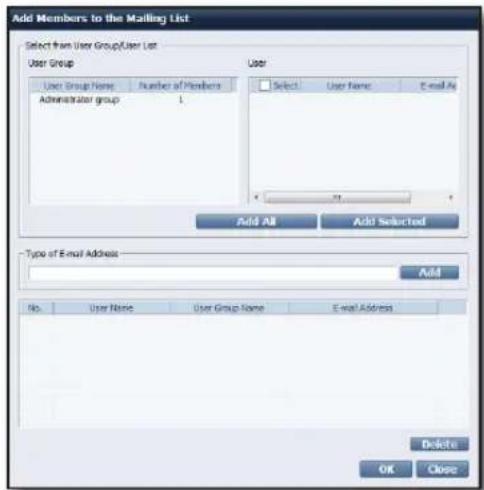 Add Members to the Mailing List Select from User Group/User List User Group User Group Name Number of Members User Administrator group 1 Select User Name E-mail As Add All Add Selected Type of E-mail Address Add No User Name User Group Name E-mail Address Delete OK Close