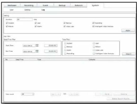 Hardware Recording System Backup Networks System User Setting Log Setting Function: 51 Use System User Setup Backup Recording Home Alarm Water Line Intelligent Index Archive Apply Log View Data/Time Filter Type Filter Start Time: 2021-09-31 00:00 05:00:00 End Time: 2021-09-31 00:00 05:00:00 System User Update Write List Intelligent Index Archive Search No. Data/Time Type Conforts View temp: 52 54 55 56 57 58 59 60 61 62 63 64 65 66 67 68 69 70 71 72 73 74 75 76 77 78 79 80 81 82 83 84 85 86 87 88 89 90 91 92 93 94 95 96 97 98 99 100 Delete Search Results