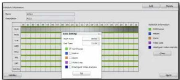 Schedule Information Name: s1000 Description: 4521 Time Settings Start Time: 08:00 End Time: 23:59 Continuous Motion Action Visual Loss Intelligent Value Analysis OK Add Delete Schedule Information Continuous Motion Action Visual Loss Intelligent Value Analysis Close Apply