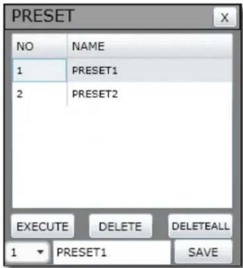 PRESET NO NAME 1 PRESET1 2 PRESET2 EXECUTE DELETE DELETEALL 1 PRESET1 SAVE