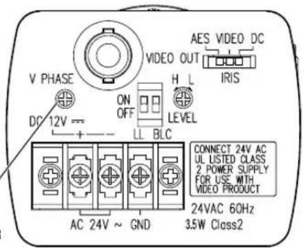 V PHASE DC 12V --- + ON OFF LL BLC H L LEVEL AES VIDEO DC IRIS CONNECT 24V AC UL LISTED CLASS 2 POWER SUPPLY FOR USE WITH VIDEO PRODUCT 24VAC 60Hz 3.5W Class2