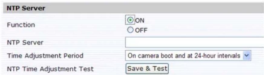 NTP Server Function ON OFF NTP Server Time Adjustment Period On camera boot and at 24-hour intervals NTP Time Adjustment Test Save & Test