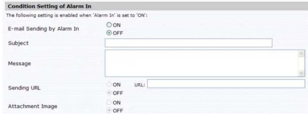 Condition Setting of Alarm In The following setting is enabled when 'Alarm In' is set to 'ON': E-mail Sending by Alarm In ON OFF Subject Message Sending URL ON URL: OFF Attachment Image ON OFF