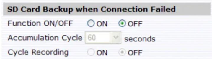 SD Card Backup when Connection Failed Function ON/OFF ○ ON ○ OFF Accumulation Cycle 60 seconds Cycle Recording ○ ON ○ OFF