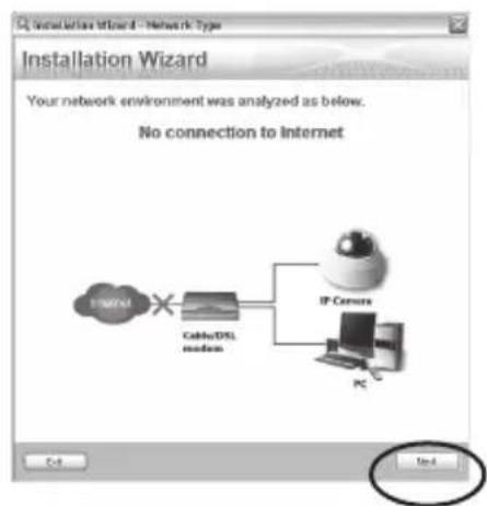 Installation Wizard - Network Type Your network environment was analyzed as below. No connection to Internet IP Camera PC Cable/DSL modem