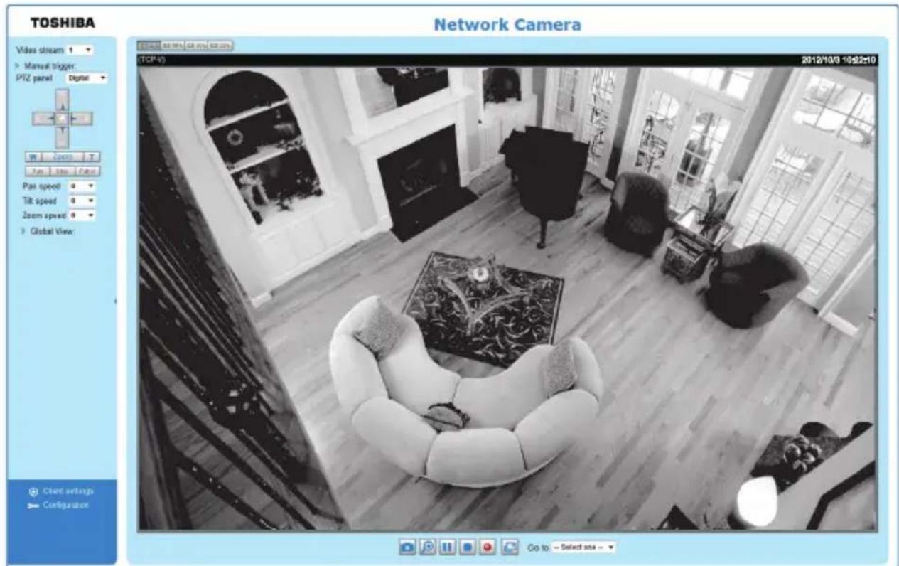 TOSHIBA Video stream Manual trigger PTZ panel Digital Global View Network Camera TCP/IP 2012/10/3-10:22:10 Client settings Configuration Go to -Select area -