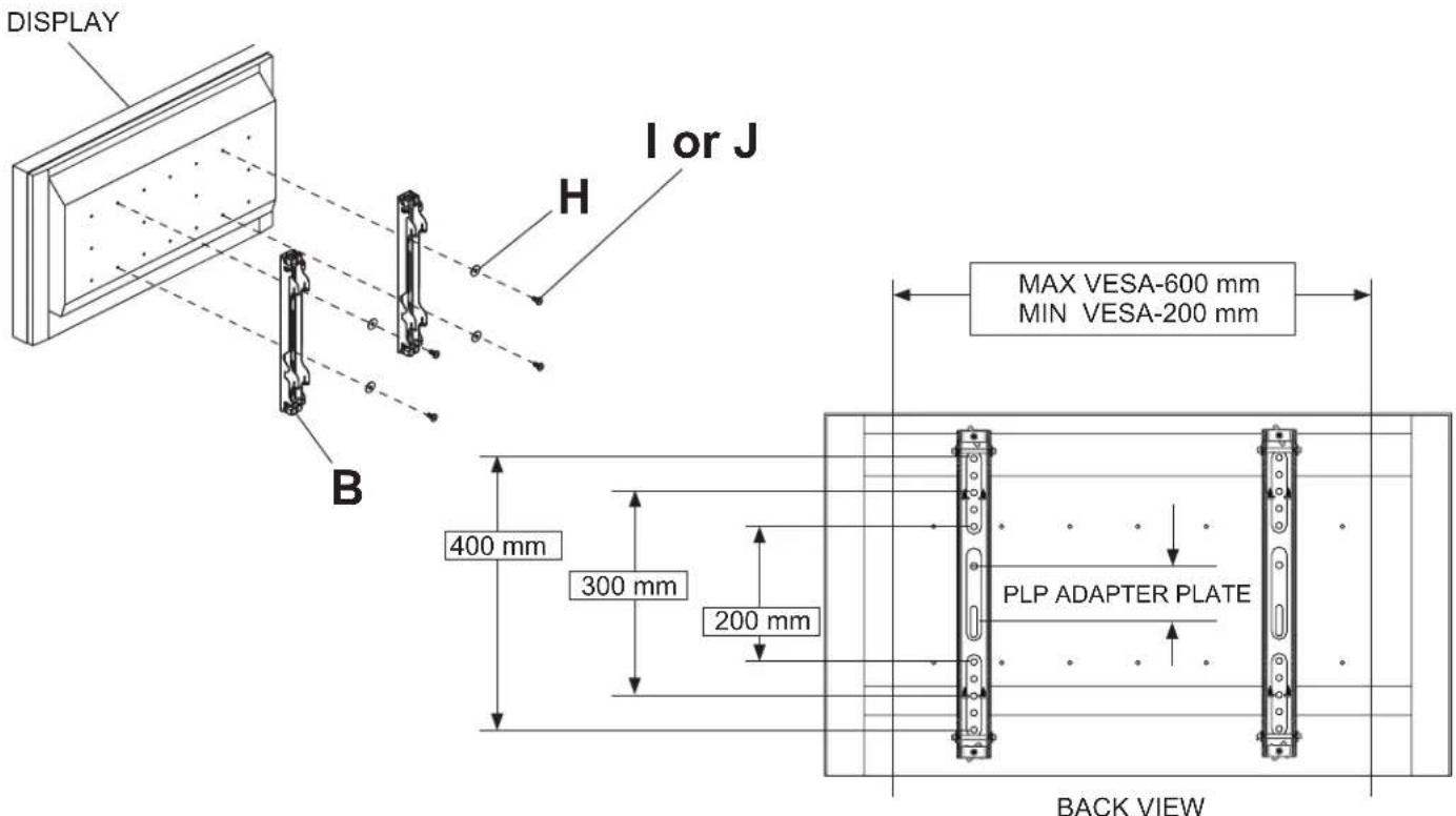 DISPLAY I or J H B 400 mm 300 mm 200 mm MAX VESA-600 mm MIN VESA-200 mm PLP ADAPTER PLATE BACK VIEW