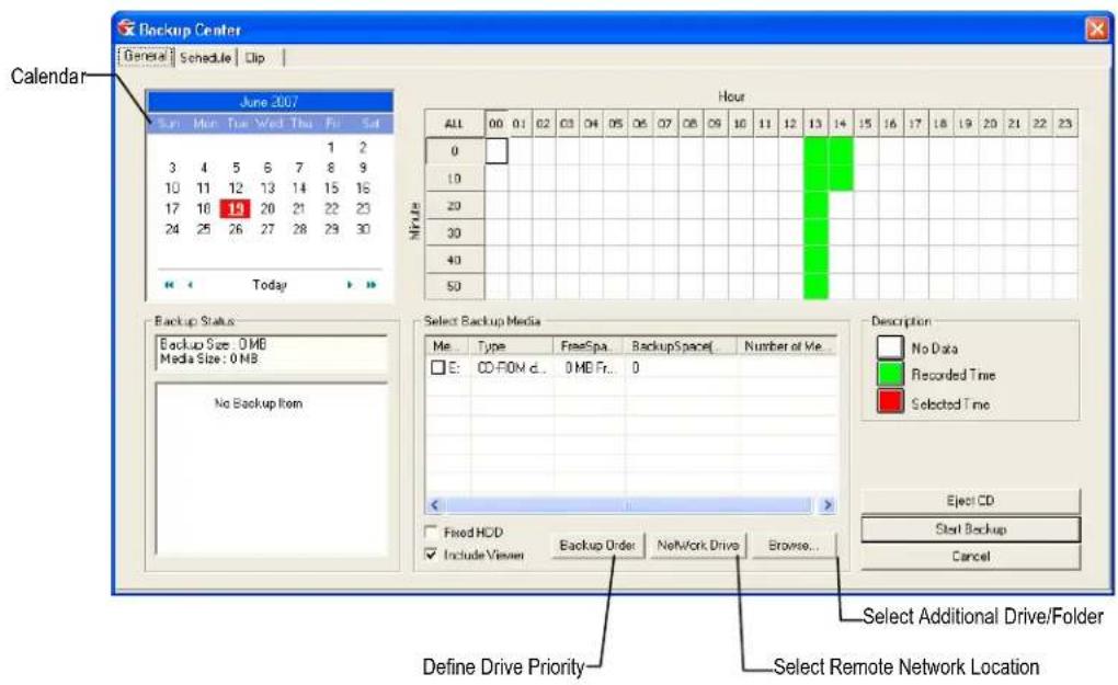 Backup Center General | Schedule | Clip | Calendar June 2007 Sun Mon Tue Wed Thu Fri Sat 1 2 3 4 5 6 7 8 9 10 11 12 13 14 15 16 17 18 19 20 21 22 23 24 25 26 27 28 29 30 Today Hour All 00 01 02 03 04 05 06 07 08 09 10 11 12 13 14 15 16 17 18 19 20 21 22 23 0 10 20 30 40 50 Backup Status Backup Size: 0 MB Media Size: 0 MB No Backup Item Select Backup Media Me Type FreeSpa BackupSpace# Number of Me... E: CD-ROM d... 0 MB Fr... 0 Description No Data Recorded Time Selected Time Eject CD Start Backup Cancel Fixed HCD Backup Order Network Drive Browse... Define Drive Priority Select Additional Drive/Folder Select Remote Network Location