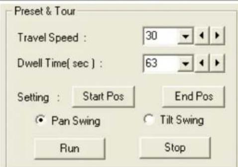 Preset & Tour Travel Speed : 30 Dwell Time( sec ) : 63 Setting : Start Pos End Pos Pan Swing Tilt Swing Run Stop