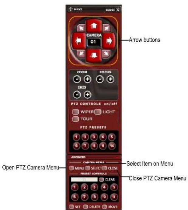 MOVE CLOSE X CAMERA 01 Arrow buttons ZOOM FOCUS IRIS PTZ CONTROLS on/off WIPER LIGHT TOUR PTZ PRESETS 1 2 3 4 5 6 7 8 9 10 Advanced CAMERA MENU Menu SELECT CLOSE Preset Controls 1 CLEAR 1 2 3 4 5 6 7 8 9 0 SET DELETE MOVE Open PTZ Camera Menu Select Item on Menu Close PTZ Camera Menu