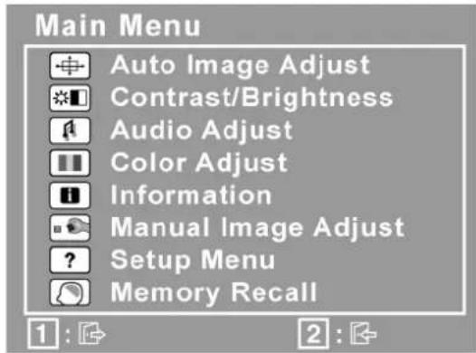 Main Menu Auto Image Adjust Contrast/Brightness Audio Adjust Color Adjust Information Manual Image Adjust Setup Menu Memory Recall