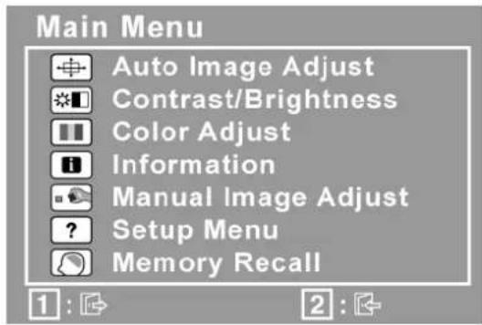 Main Menu Auto Image Adjust Contrast/Brightness Color Adjust Information Manual Image Adjust Setup Menu Memory Recall 1 : 2 :