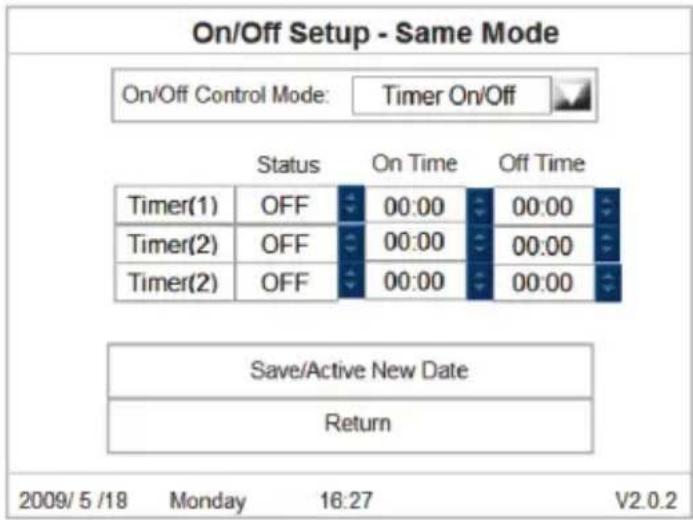 On/Off Setup - Same Mode On/Off Control Mode: Timer On/Off Status On Time Off Time Timer(1) OFF 00:00 00:00 Timer(2) OFF 00:00 00:00 Timer(2) OFF 00:00 00:00 Save/Active New Date Return 2009/5/18 Monday 16:27 V2.0.2