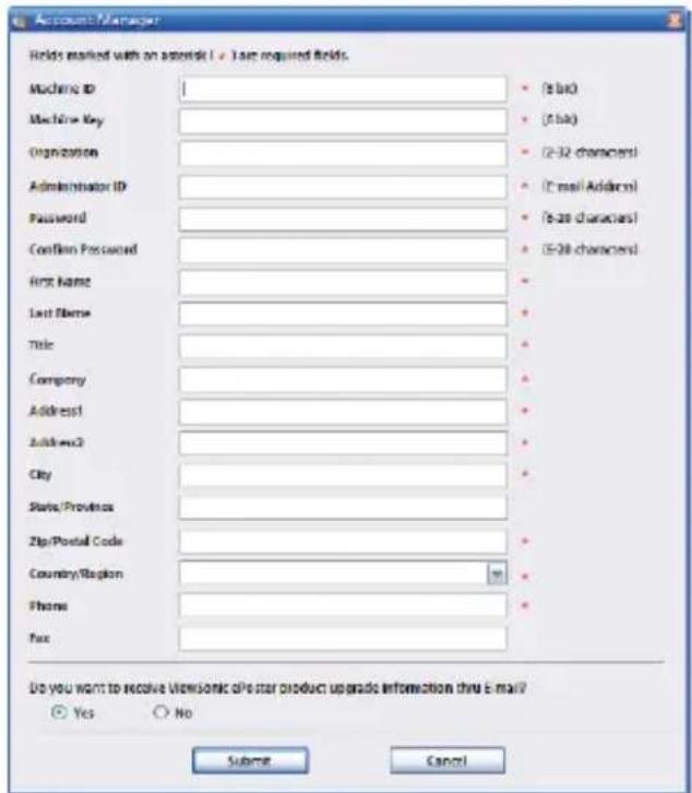 Holds marked with an appendix | Last required fields. Machine ID Machine Key Organization Administrator ID Password Confirm Password First Name Last Name Title Company Address1 Address2 City State/Province Zip/Postal Code Country/Region Phone Fax Do you want to receive Versionistic of star product upgrade information thru E-mail? Yes No SubName Cancel