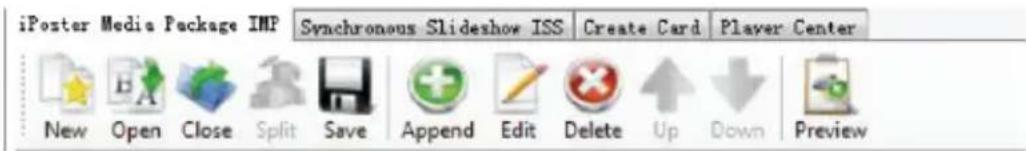 iPoster Media Package IMP Synchronous Slideshow ISS Create Card Player Center New Open Close Split Save Append Edit Delete Up Down Preview