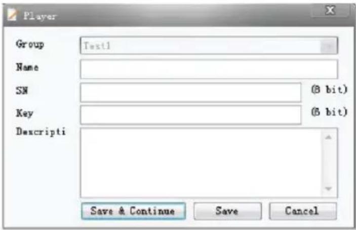 Player Group Text1 Name SW (8 bit) Key (8 bit) Descripti Save & Continue Save Cancel