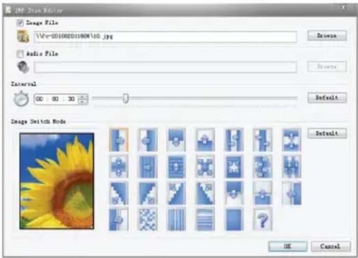 JPF Item Editor Image File VWv-201002015806\10.jpg Browse Audio File Browse Interval 00 : 80 : 30 Default Image Switch Mode Default OK Cancel