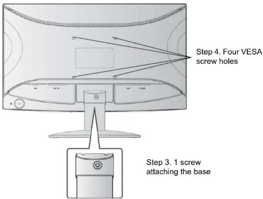 Step 4. Four VESA screw holes Step 3. 1 screw attaching the base