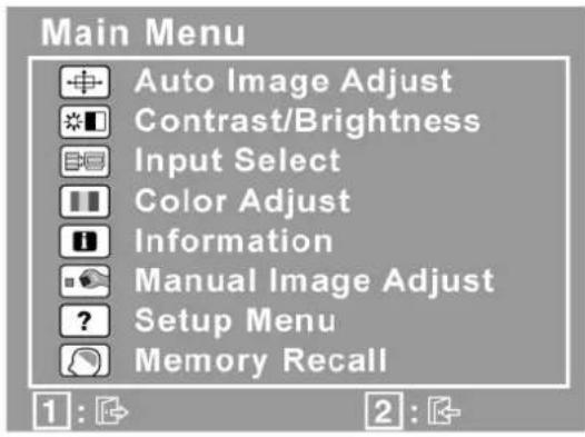 Main Menu Auto Image Adjust Contrast/Brightness Input Select Color Adjust Information Manual Image Adjust Setup Menu Memory Recall