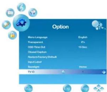 Option Menu Language English Transparent 0% DSO Time Out 15 Ses Closed Option Reform Factory Default Input Label Backlight Home TV ID 1