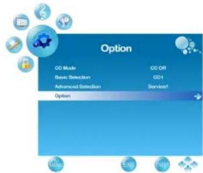 Option CC Mode CC Off Basic Selection CD1 Advanced Detection Serviect Option Exit Exit Finish
