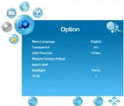 Option Menu Language English Transparent 0% OSD Time Out 15 Sec. Restore Factory Default Input Label Backlight Home TV ID 1