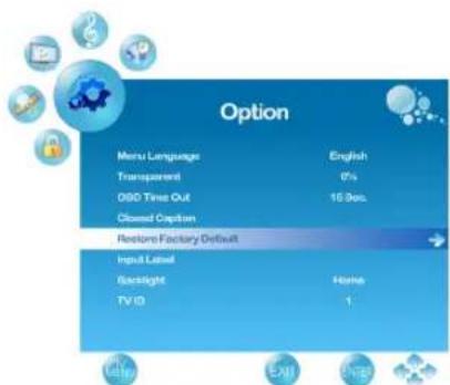 Option Menu Language English Transparent 0% OSO Time Out 15 Sec. Closed Caption Features Factory Default Input Label GlasNight Home TV ID 1