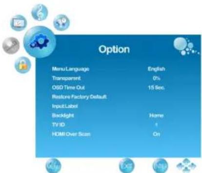 Option Menu Language English Transparent 0% OSD Time Out 15 Sec. Restore Factory Default Input Label Backlight Home TVID 1 HDMI Over Scan On