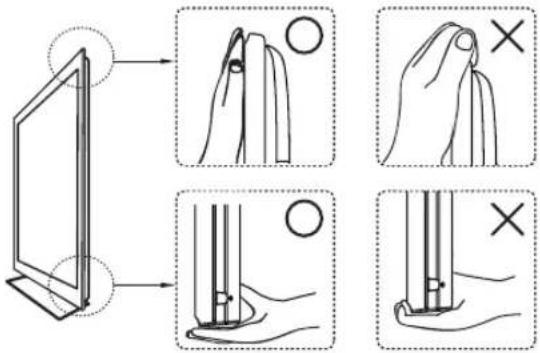 Diagram illustrating four steps of a hand holding a cloth, with magnified views showing contact points and cross symbols.