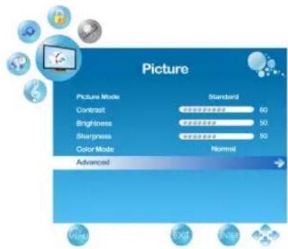 Picture Picture Mode Standard Contrast 60 Brightness 50 Sharpness 50 Color Mode Normal Advanced