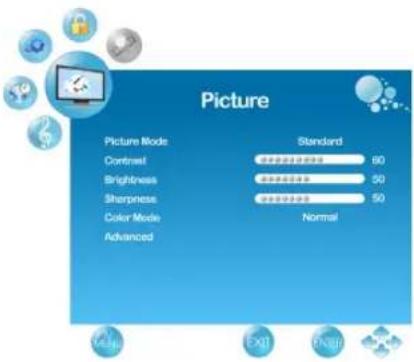 Picture Picture Mode Standard Contrast 60 Brightness 50 Sharpness 50 Color Mode Normal Advanced