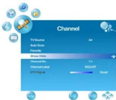 Channel TV Source Air Auto Scan Favorite Show / Hide Channel No. 7:1 Channel Label KGO-01 DTV Signal Good