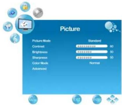 Picture Picture Mode Standard Contrast 60 Brightness 50 Sharpness 50 Color Mode Normal Advanced