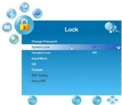 Lock Change Password System Lock Unrated Lock Input Block US Comede HRT Setting Reset HRY