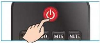 Hand pressing a power button with icons labeled O, MTS, and MUTE