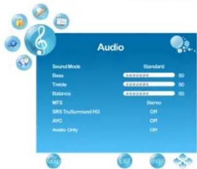 Audio Sound Mode Standard Bass 50 Trimble 50 Balance 50 MTS Stereo SRS TruSurround HD OFF AVC OFF Audio Only OFF