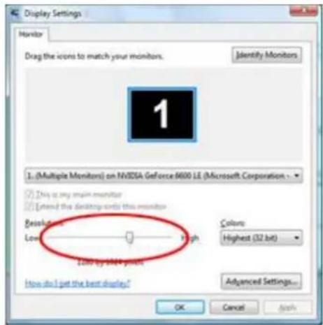 Display Settings Monitor Drag the icons to match your monitors. Identity Monitors 1 (Multiple Monitors) on NVIDIA GeForce 6000 LE (Microsoft Corporation) ✓ Dry is my main monitor ✓ Extend the desktop-only this monitor Resolution Low High Color: Highest (32 bit) Low by 544 points How do I get the best display? Advanced Settings... OK Cancel Apply