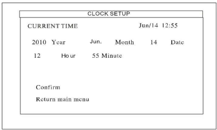 CLOCK SETUP CURRENT TIME Jun/14 12:55 2010 Year Jun. Month 14 Date 12 Hour 55 Minute Confirm Return main menu