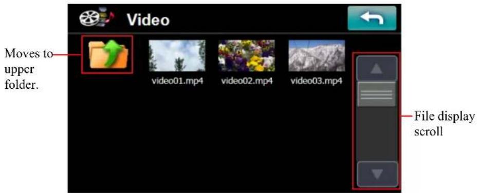 Video Moves to upper folder. video01.mp4 video02.mp4 video03.mp4 File display scroll