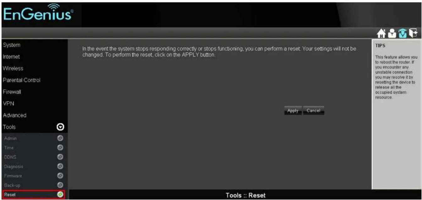 EnGenius® System Internet Wireless Parental Control Firewall VPN Advanced Tools Admin Time DDNS Diagnosis Firmware Back-up Reset In the event the system stops responding correctly or stops functioning, you can perform a reset. Your settings will not be changed. To perform the reset, click on the APPLY button. Apply Cancel TIPS This feature allows you to reboot the router. If you encounter any unstable connection you may resolve it by resetting the device to release all the occupied system resource. Tools :: Reset