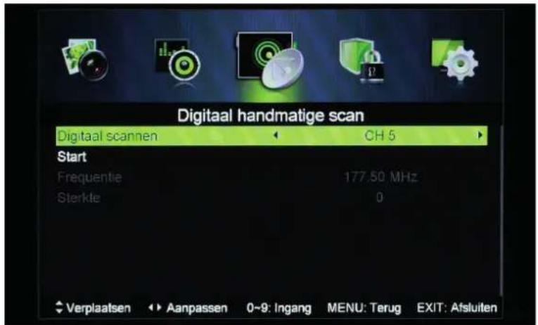 Digital handmatige scan Digital scanningen CH 5 Start Frequentie 177.50 MHz Sterkle 0 Verplaatsen Aanpassen 0~9: Ingang MENU: Terug EXIT: Afsluiten