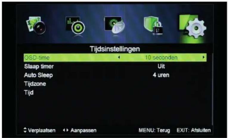 Tijdsinstellingen OSD-time 10 seconden Slaap timer Uit Auto Sleep 4 uren Tijdzone Tijd Verplaatsen Aanpassen MENU: Terug EXIT: Afsluiten
